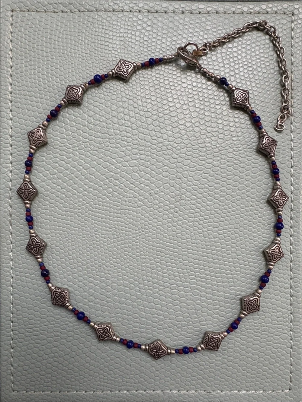 Handcrafted Silver-Tone Blue and Red Beaded Choker Necklace
